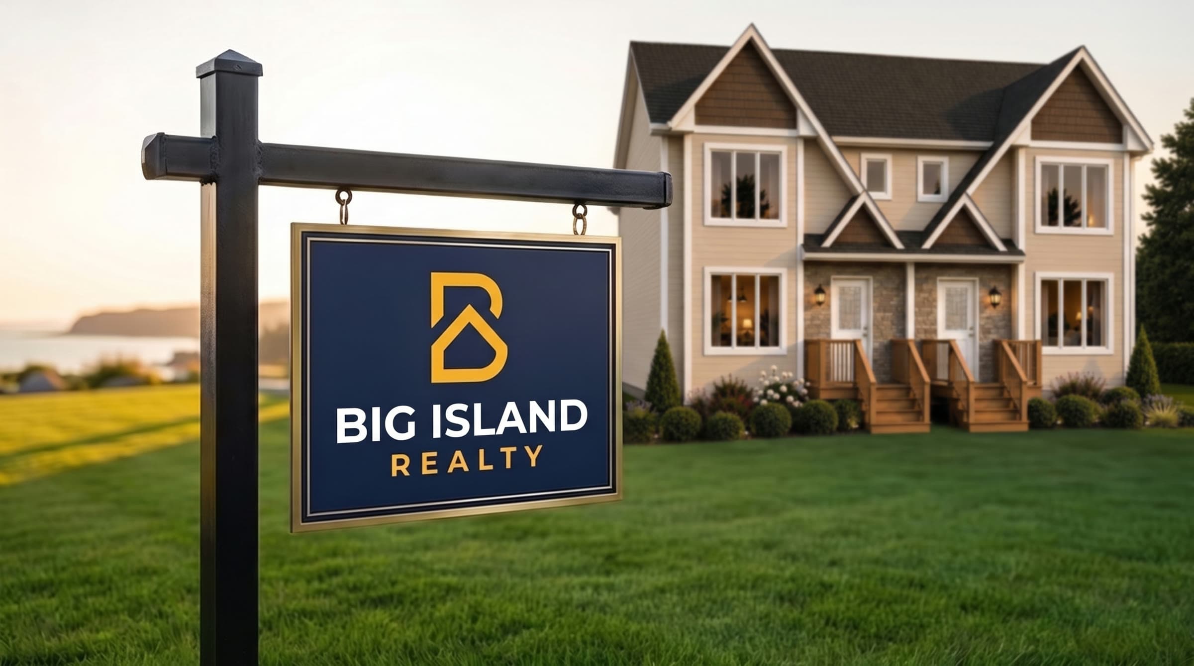 Big Island Realty yard sign in front of a Big Island Builders Coastline semi-detached home