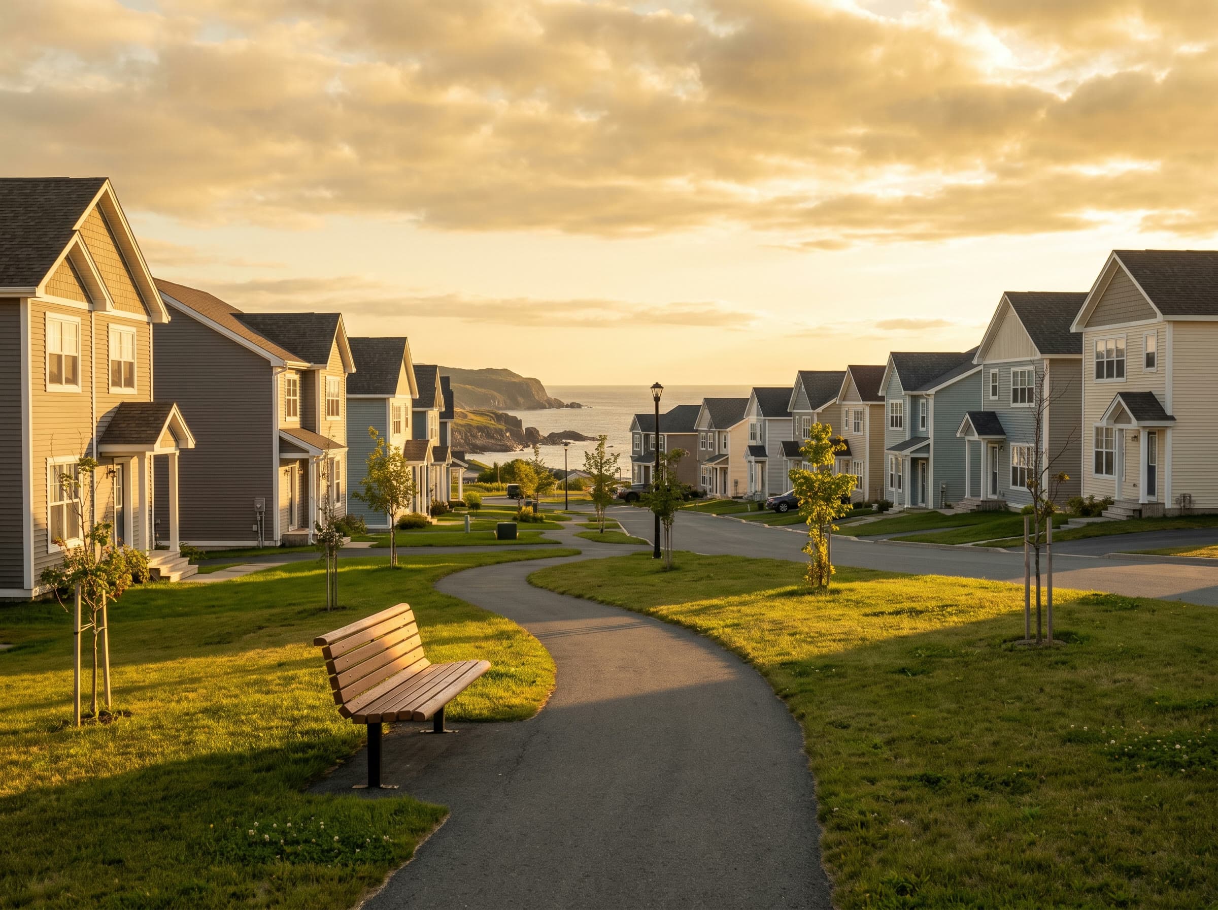 A walking path through a Big Island Builders neighbourhood at golden hour, with family homes and the ocean beyond