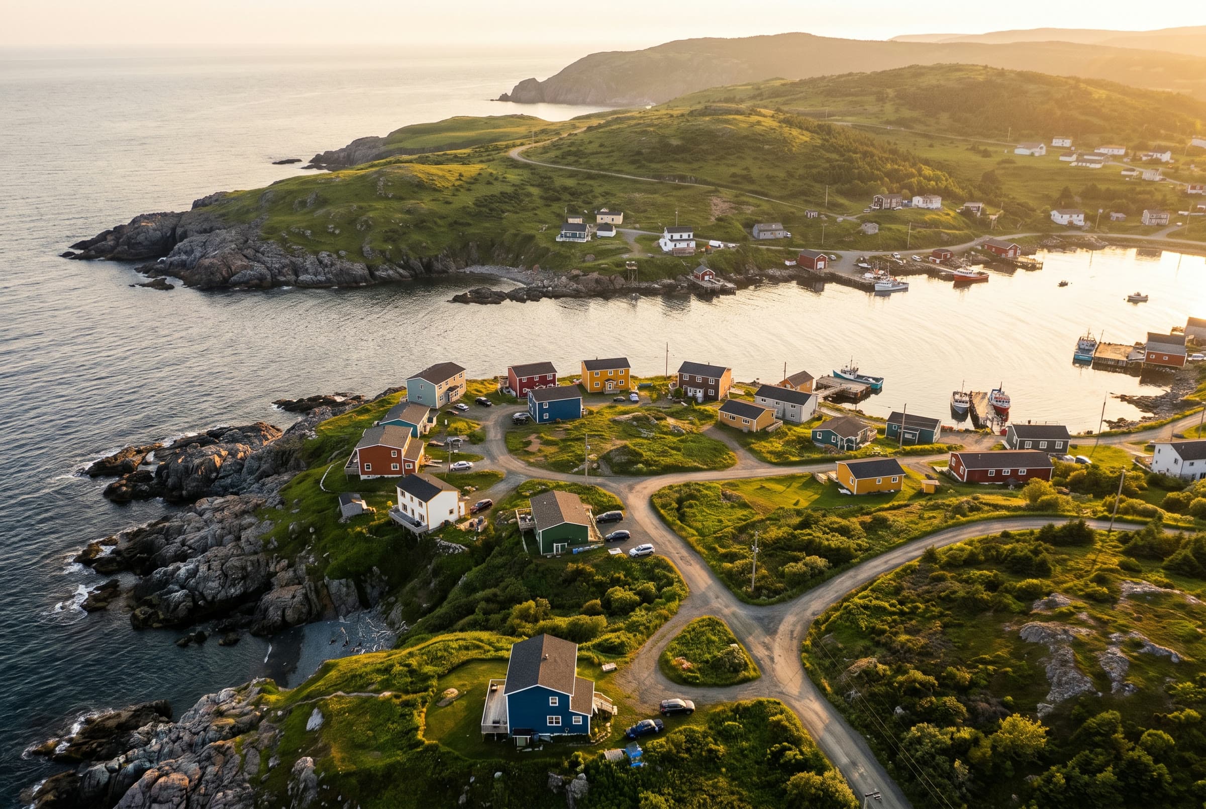 A Newfoundland coastal community at golden hour