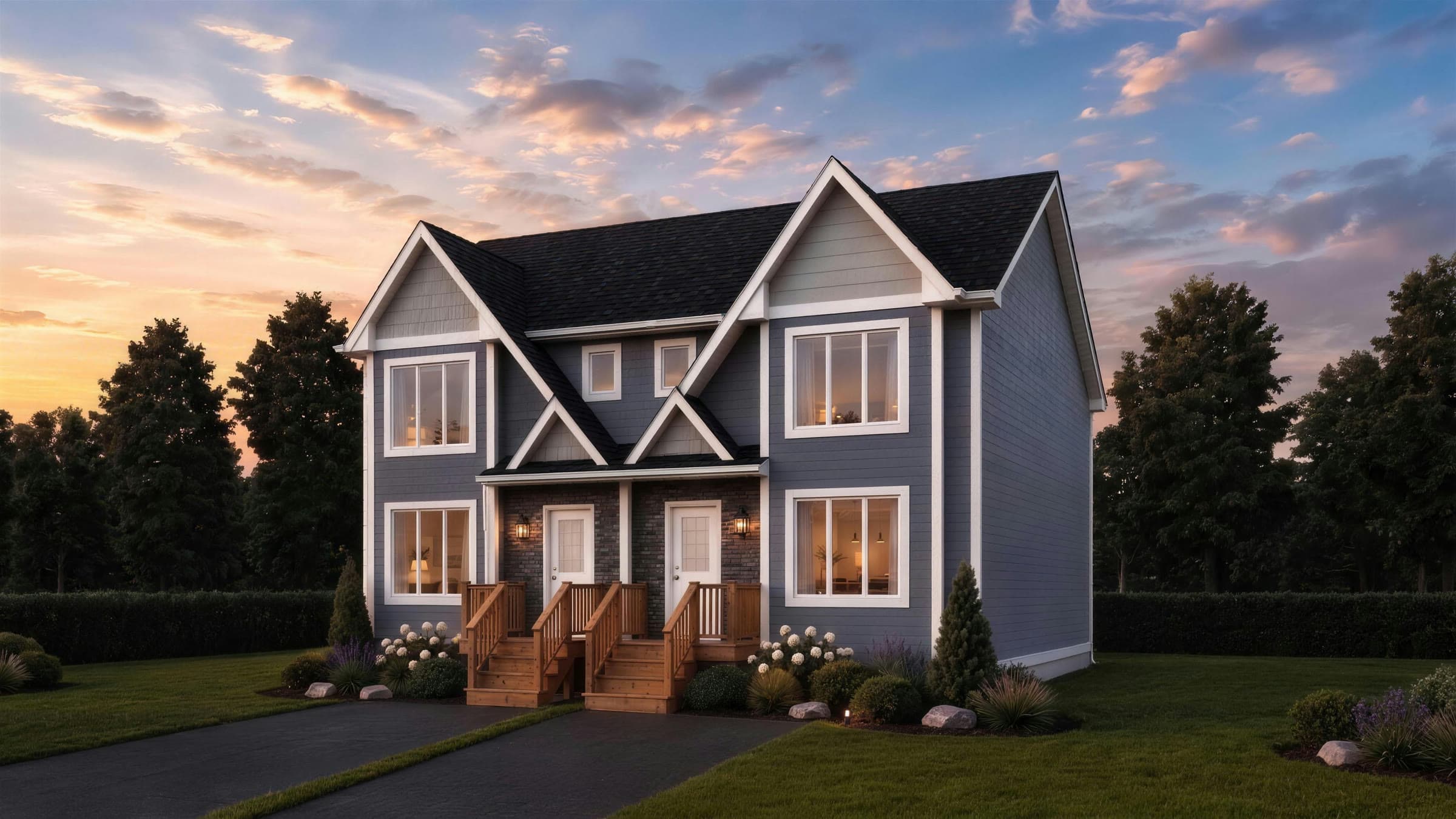 A light blue Big Island Builders two-storey semi-detached home at dusk, seen at a gentle angle, with warm-lit windows, twin gables and a landscaped front yard